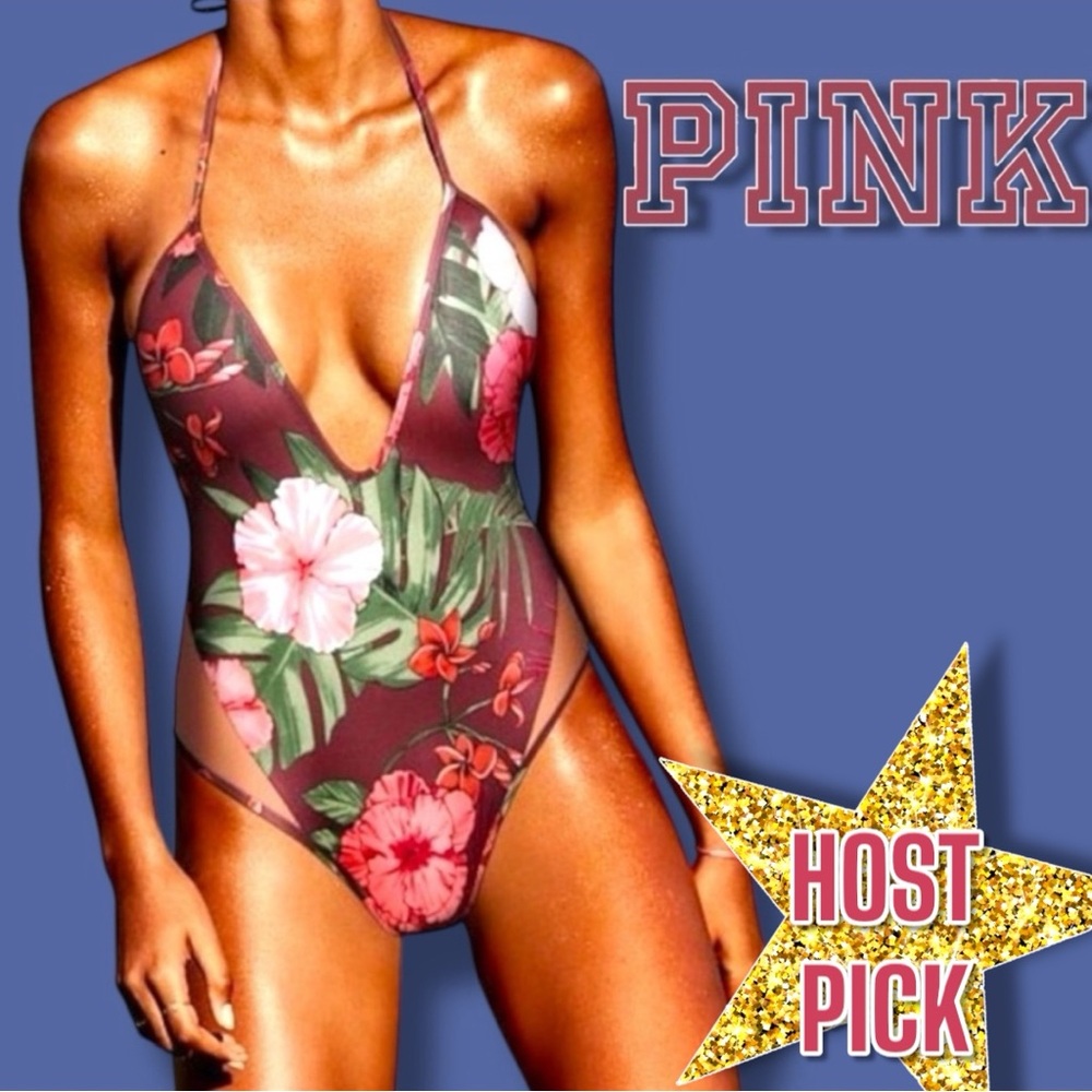 🎉HP🎉NWT Victoria Secret PINK Floral Side Mesh Plunge Neck One Piece. Size M
